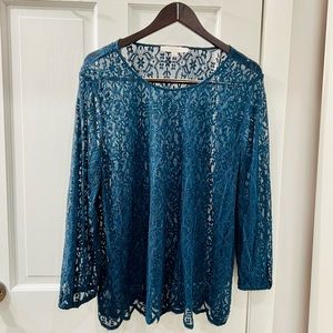 LOFT |  Dark Teal Lace Scalloped Blouse - Size XL - EUC